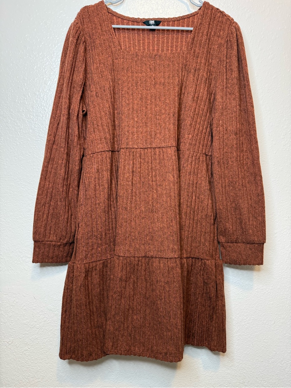 Frye Women's Rust Orange Ribbed Long Sleeve Tiered Knee Length Dress Size XL